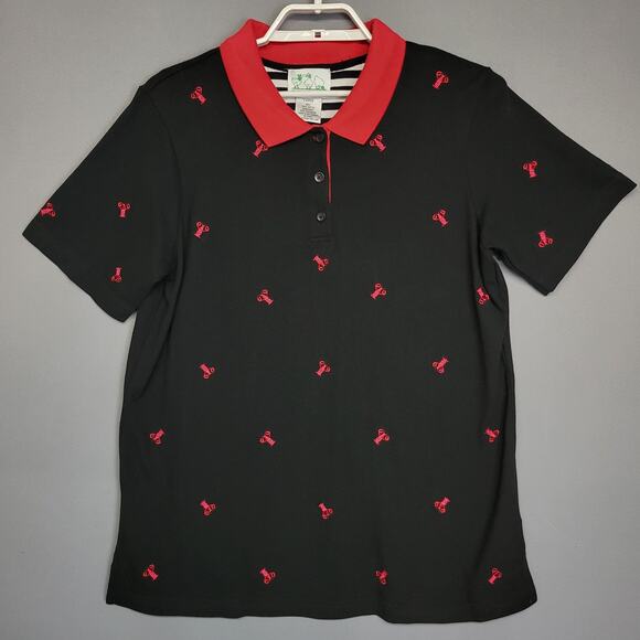 Quacker Factory Polo Top Womens Large Black Red Lobster Embroidered Nautical - Picture 1 of 10